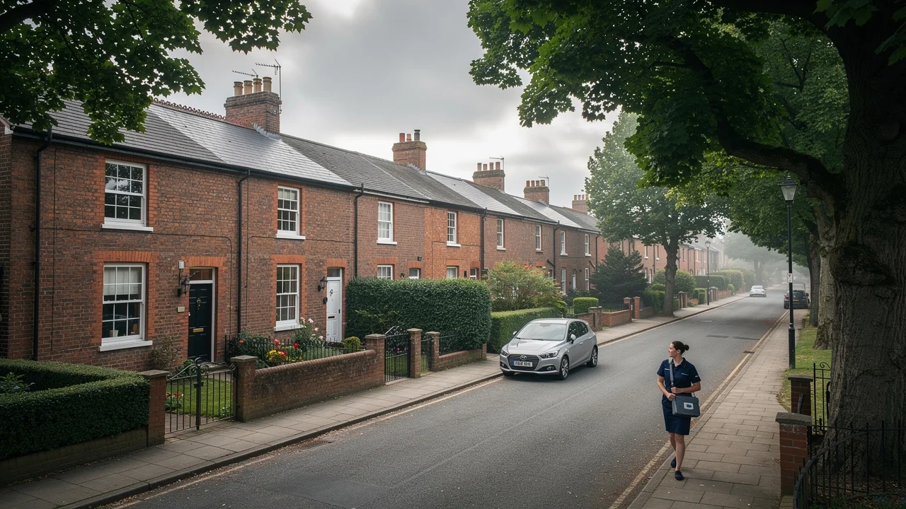 Domiciliary care worker visiting an elderly client in a UK suburban neighbourhood