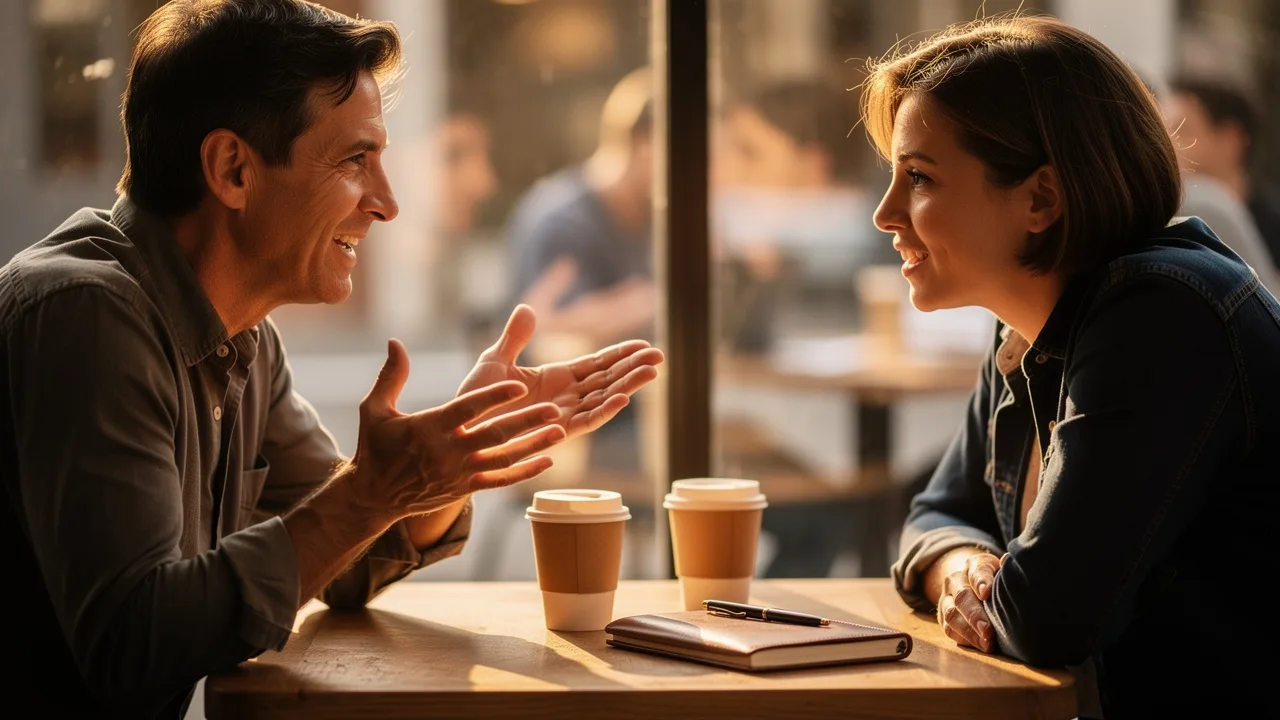 Two people discussing informal franchise funding arrangements over coffee