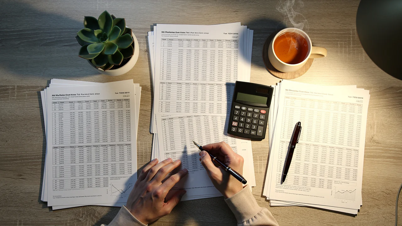 Detailed franchise fees and financial documents being reviewed on a UK office desk