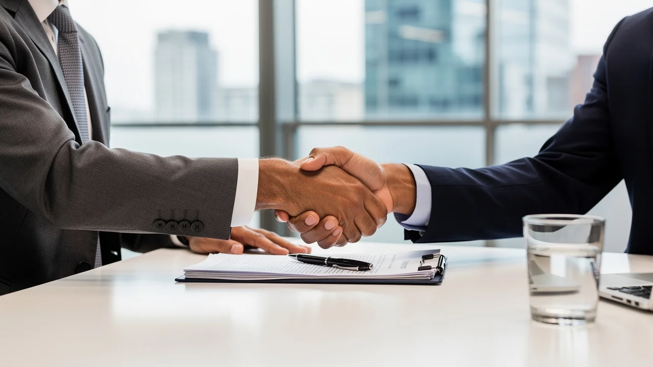 Two UK professionals shaking hands over a franchise disclosure agreement in a modern office