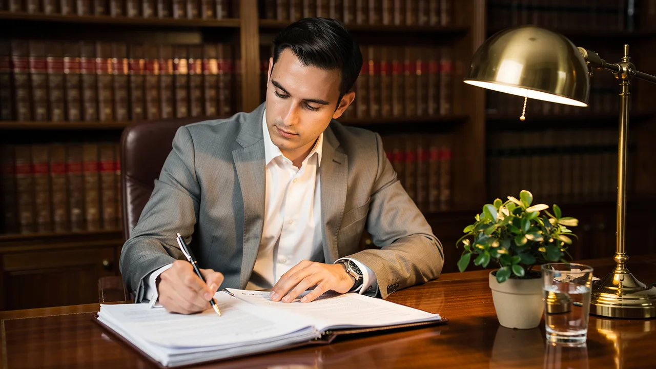 UK franchise solicitor reviewing a franchise agreement contract in a professional office