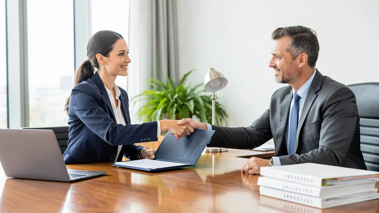 Two professionals reviewing a franchise agreement at an office desk