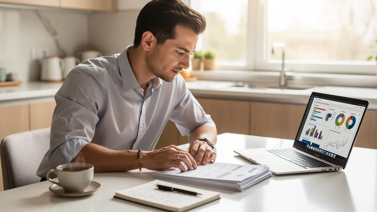 Entrepreneur carefully reviewing franchise brand documents at home