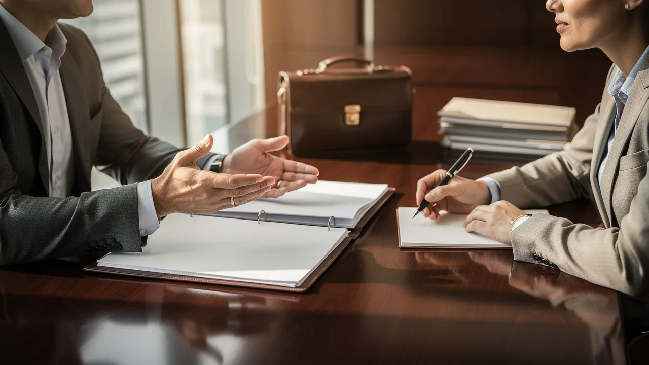 Business professionals reviewing a franchise agreement together at an office meeting