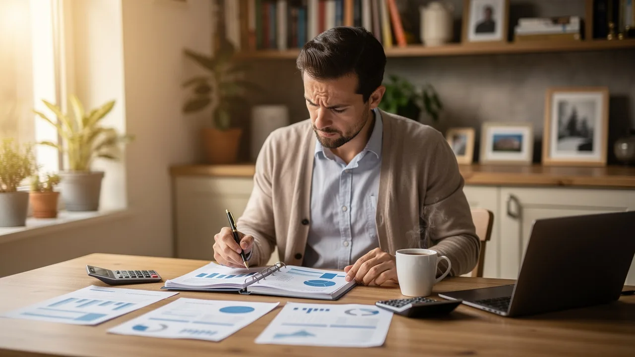 Entrepreneur carefully reviewing franchise financial plans at home