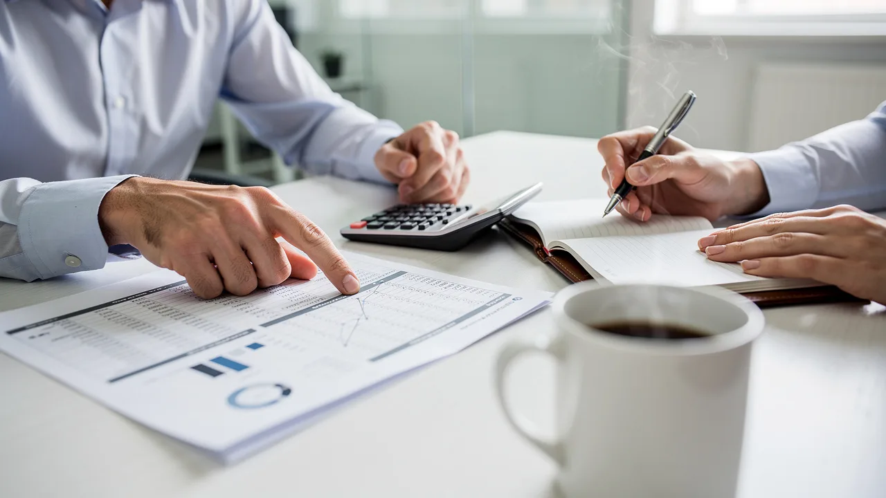 Franchise investment review meeting with financial documents and spreadsheets