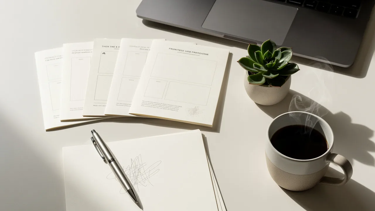 Franchise research materials and laptop arranged neatly on a desk during a planning session