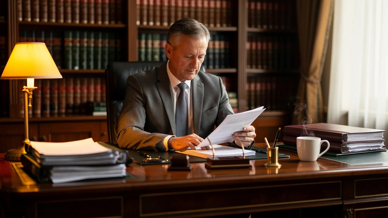Experienced franchise solicitor reviewing a contract in a professional office