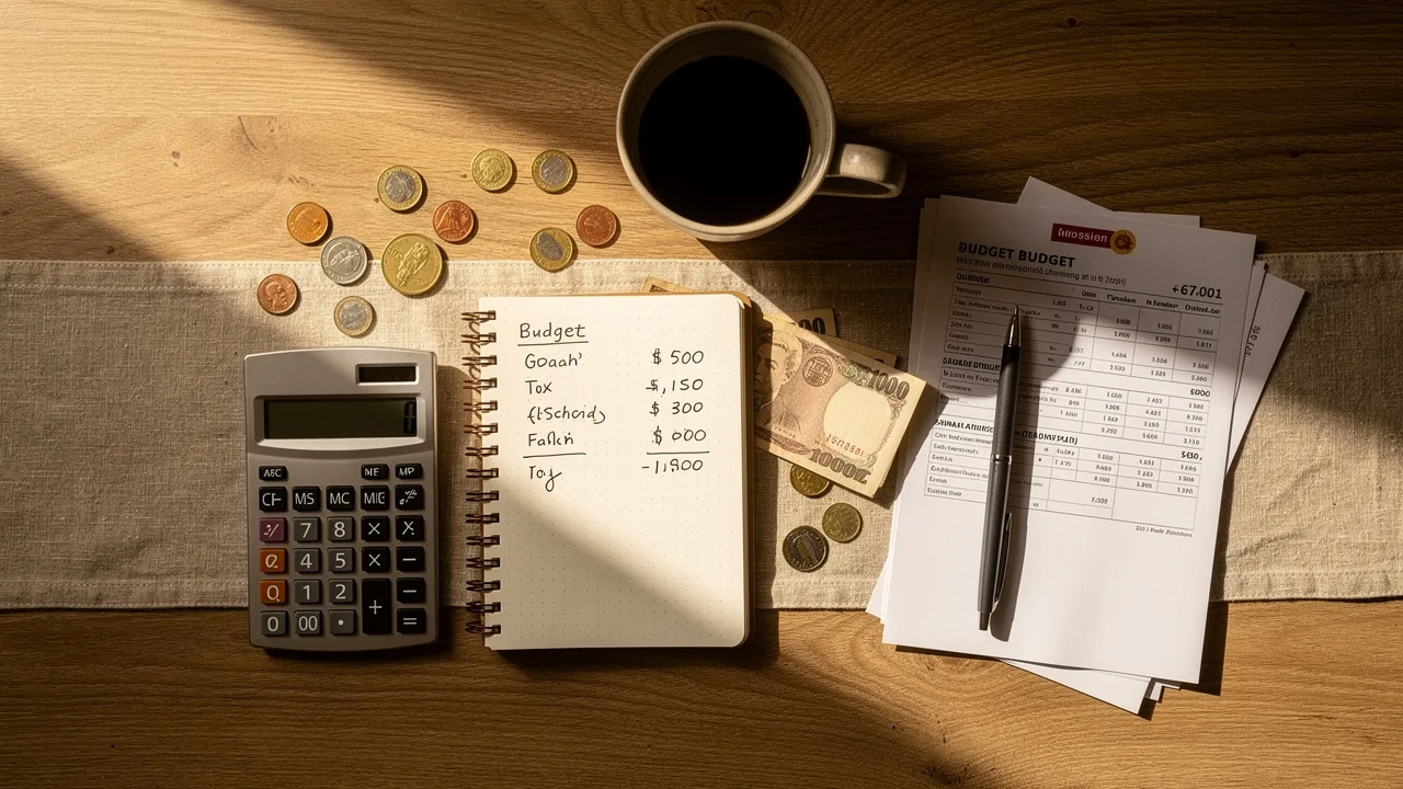 Financial planning tools spread across a desk for franchise costs