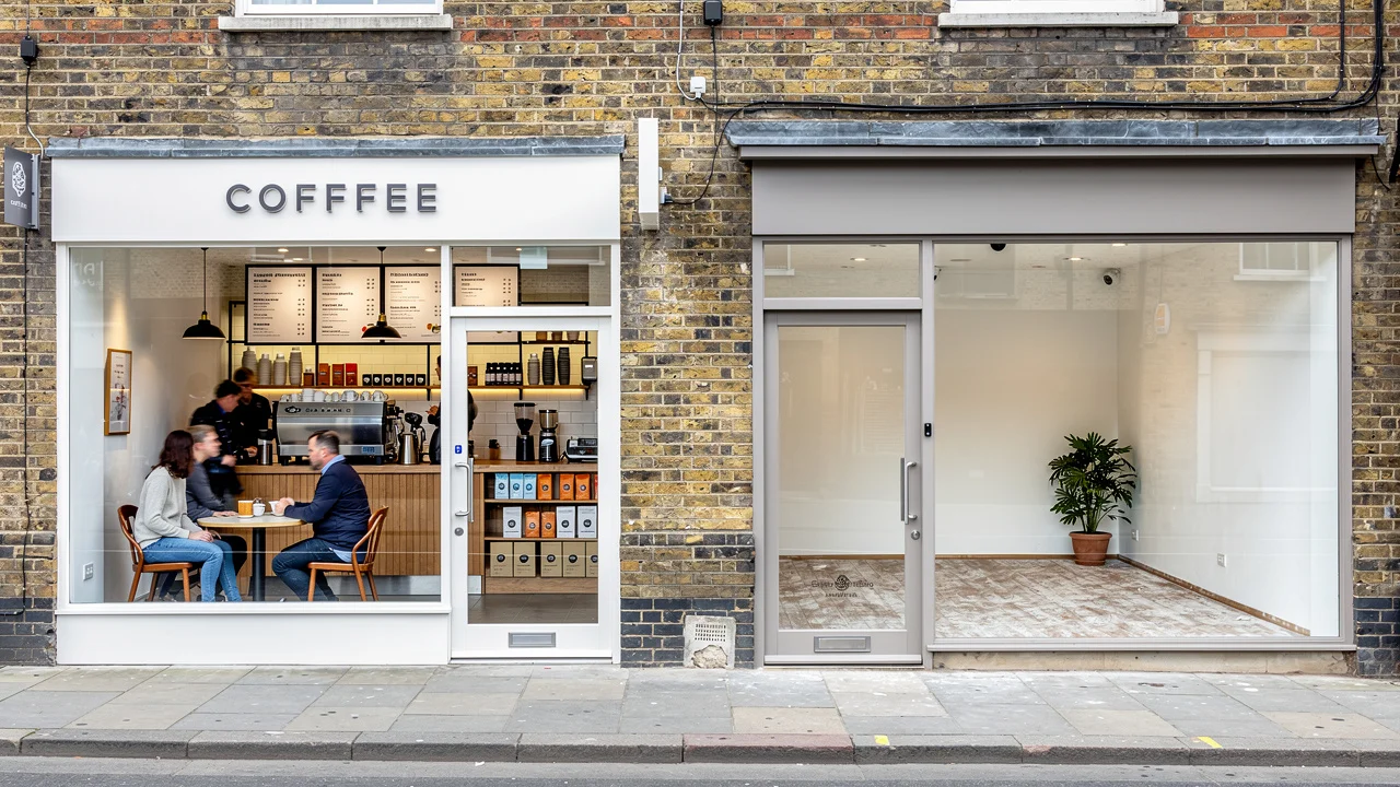 UK high street showing a branded franchise shopfront beside an empty independent unit
