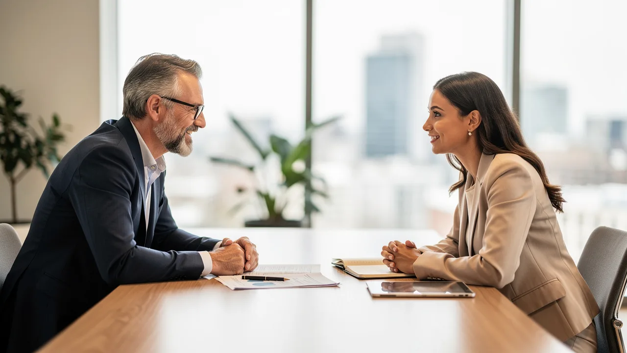 Franchisor mentoring new franchisee in modern meeting room