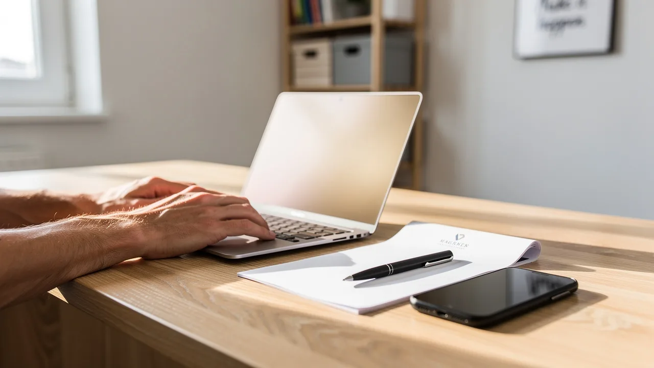 Tidy home office desk with laptop and notepad