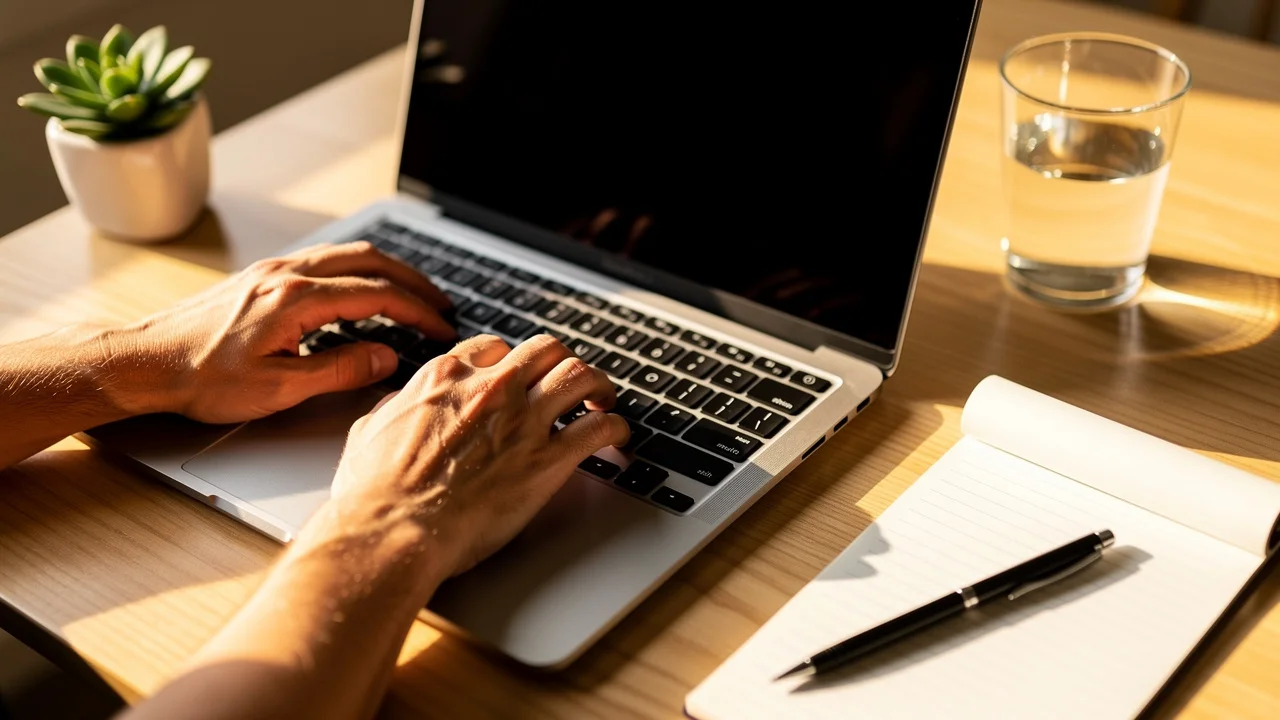 UK franchisee keeping digital tax records on a laptop in a home office workspace