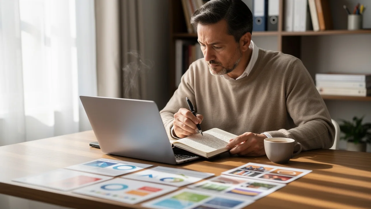 UK person researching and comparing franchise opportunities at a home office desk