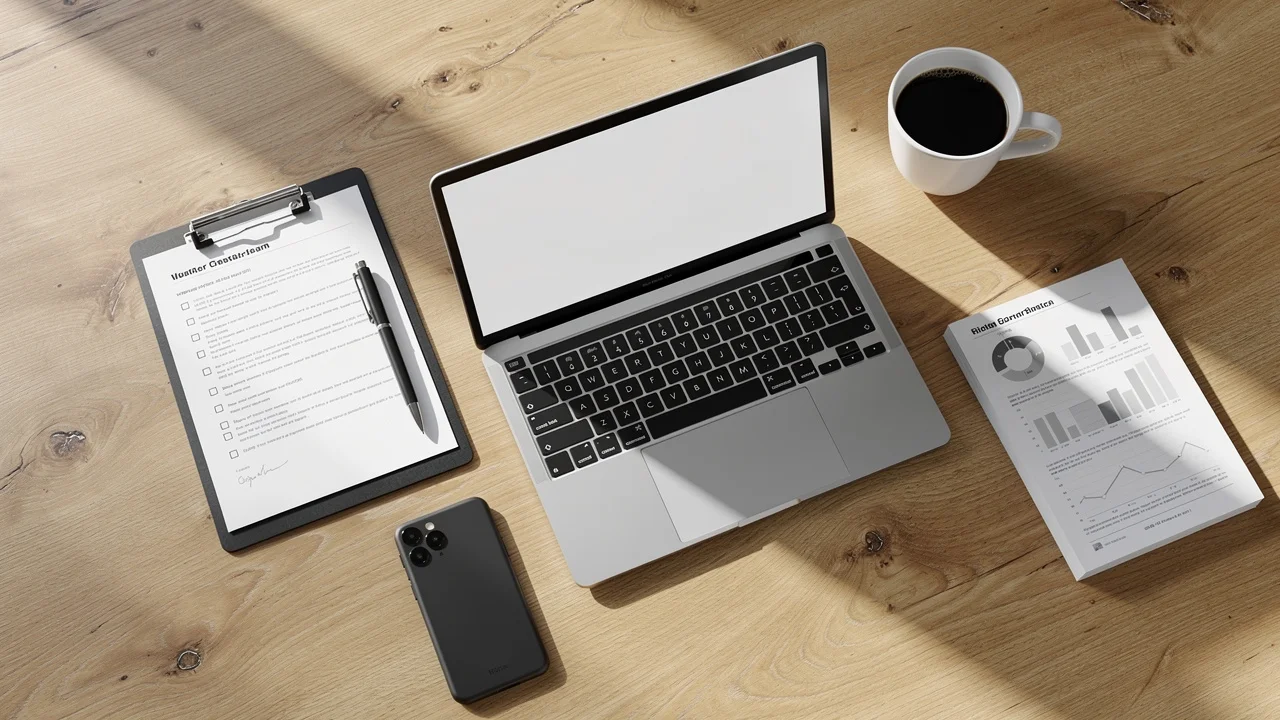 Organised desk with franchise due diligence checklist and research materials ready for buyer review