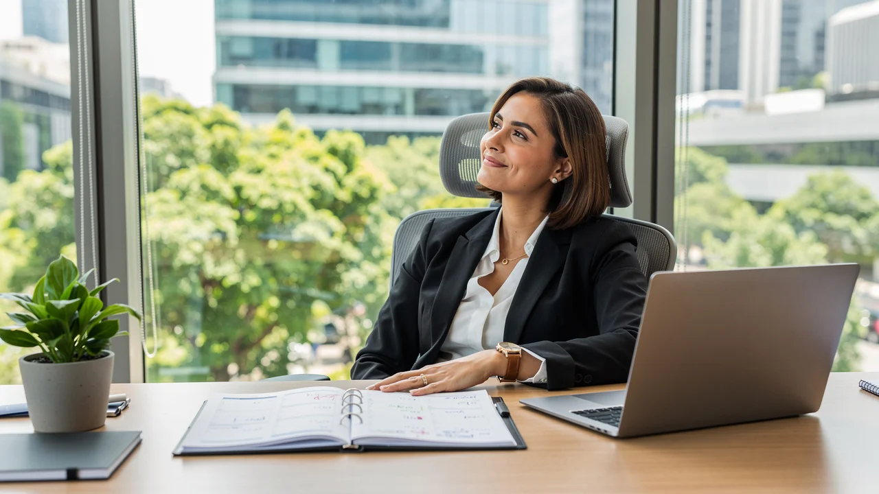 Confident UK franchise owner reflecting on her business investment decision in her office