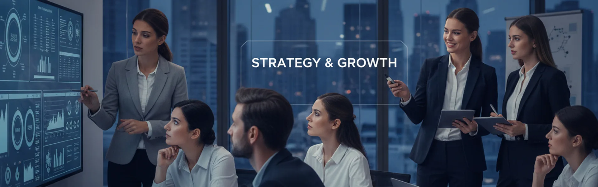 Business consulting franchise professionals analysing strategy and financial growth in a modern office setting