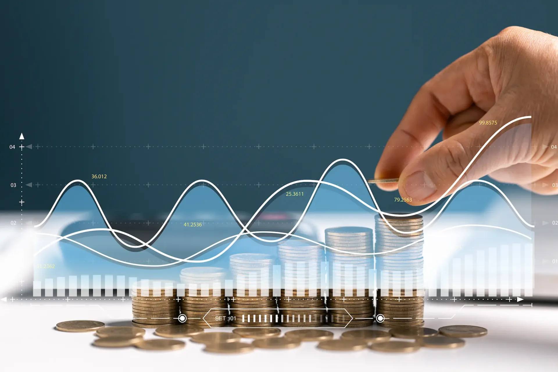 Franchise investment growth concept showing stacked coins and financial performance chart