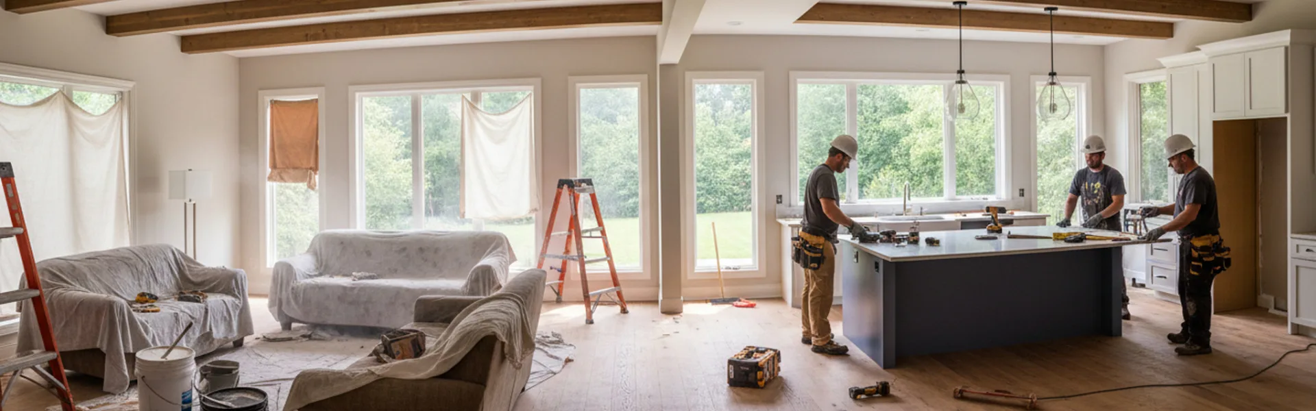 Tradesmen in hard hats renovating a bright open-plan kitchen and living room with ladders, tools and dust sheets, representing home improvement franchise opportunities in the UK.